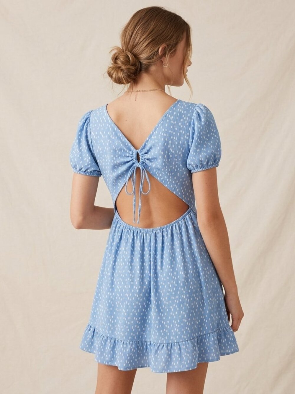 Cottagecore Milkmaid Mini Dress Blue Polka Dot Open Back Puff Sleeve Size XL